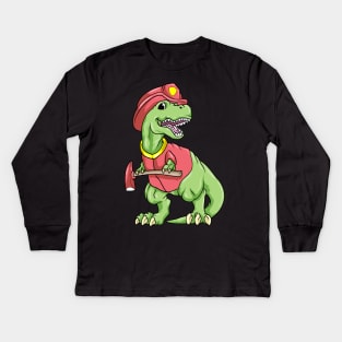 Cool dinosaur as a firefighter with an axe Kids Long Sleeve T-Shirt